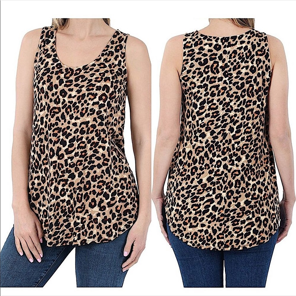 Brown Leopard Animal Print Tunic Length Sleeveless Tank Top XL